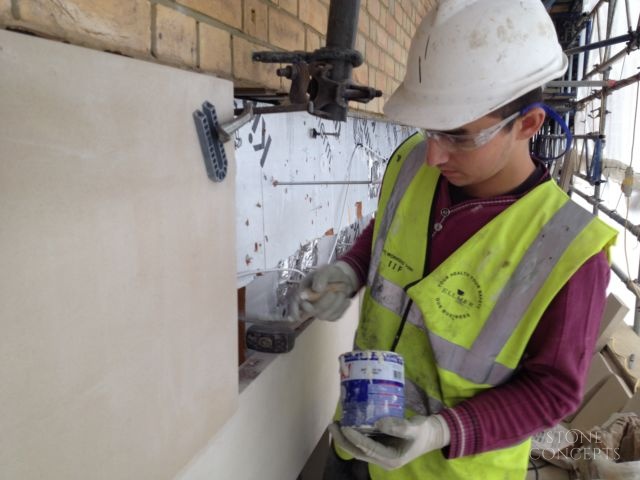 Close up of works Portland Stone Cladding Covent Garden